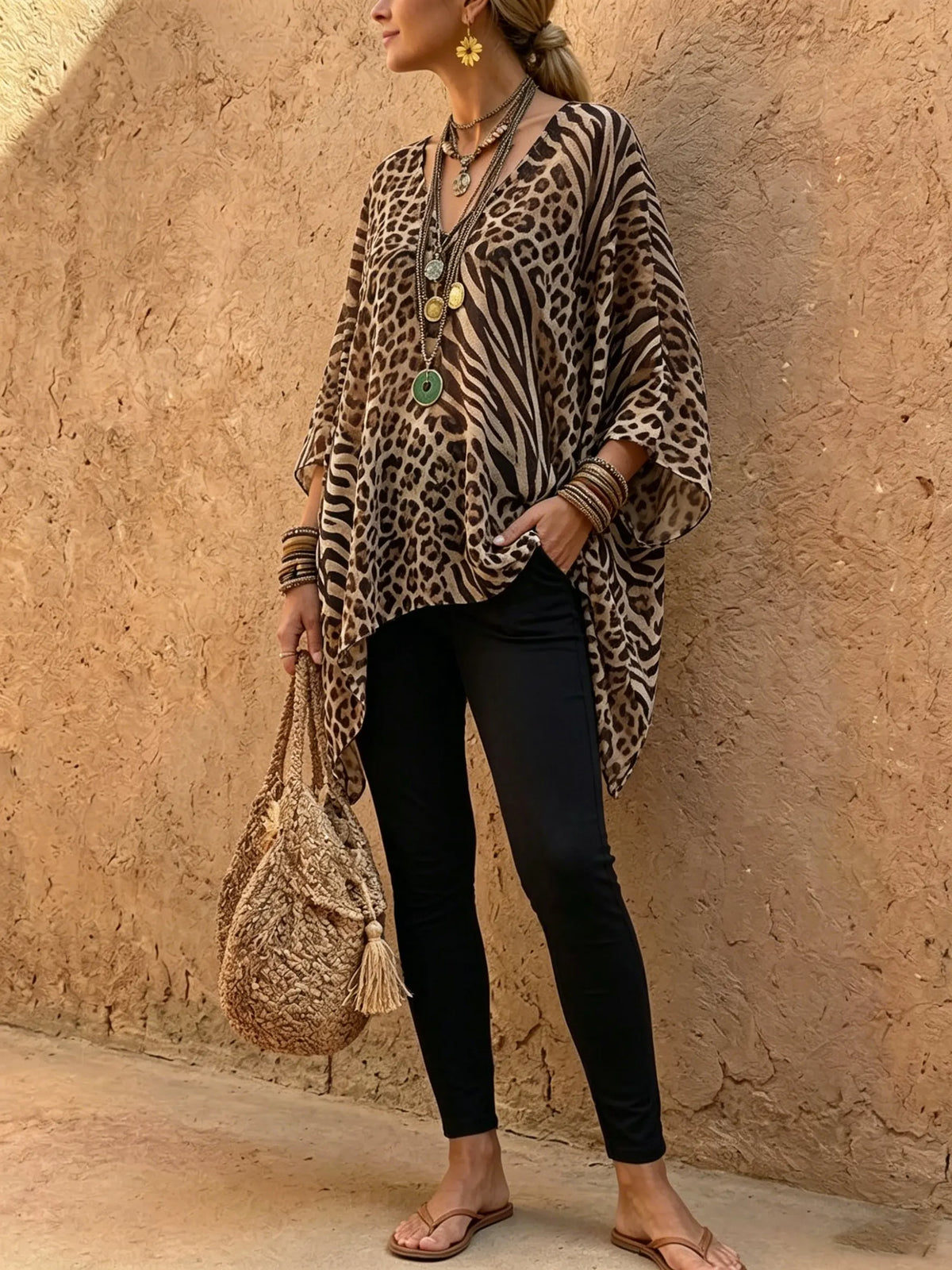 Top poncho para mujer con estampado animal y escote en V