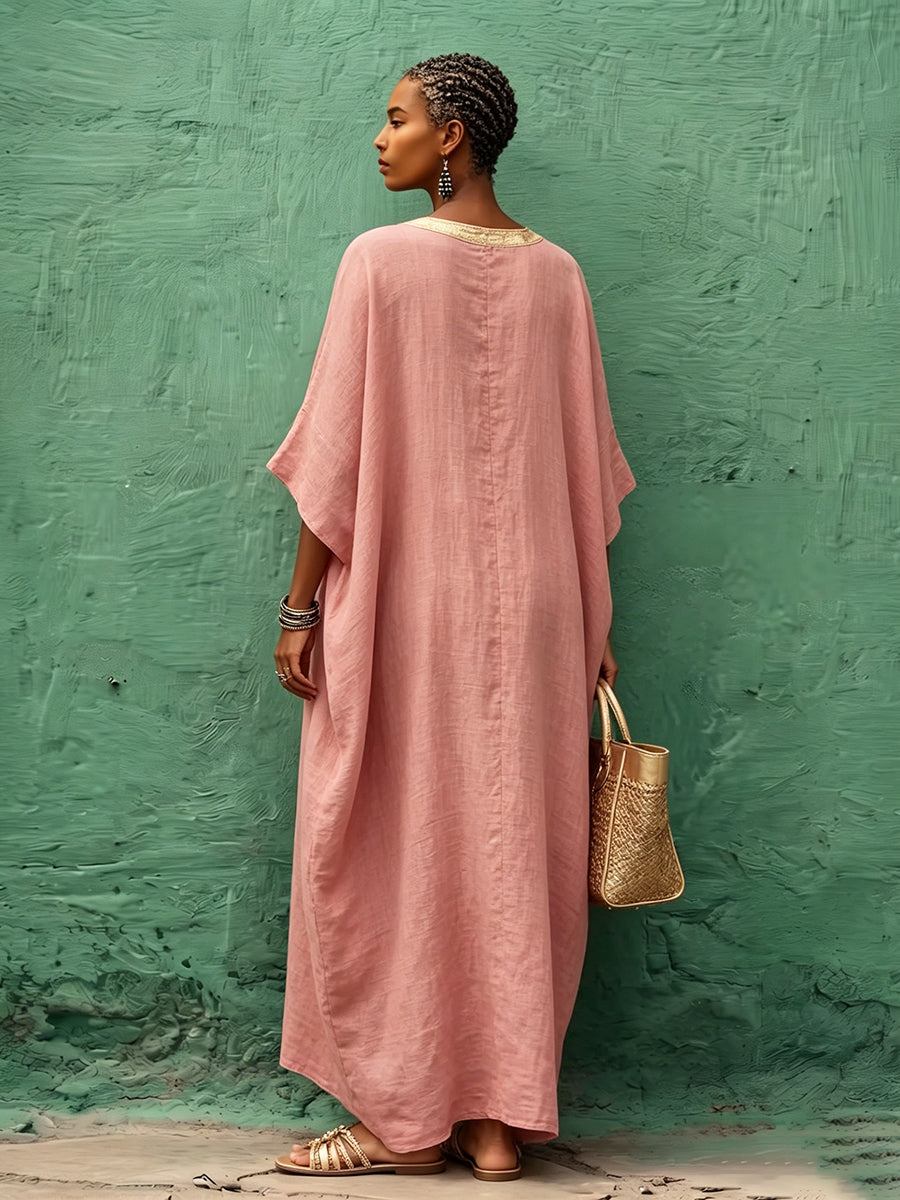 Vestido maxi bohemio de algodón y lino con escote en V color dorado