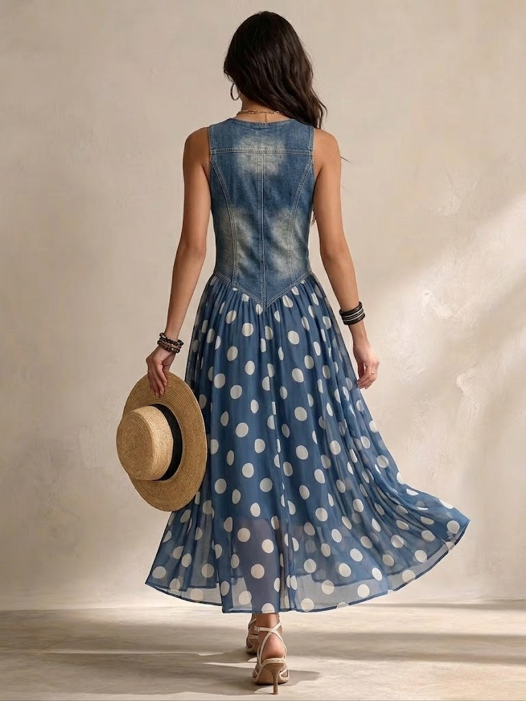 Vestido casual sin mangas de mezclilla con paneles de chiffon de lunares elegante