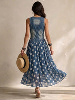 Vestido casual sin mangas de mezclilla con paneles de chiffon de lunares elegante