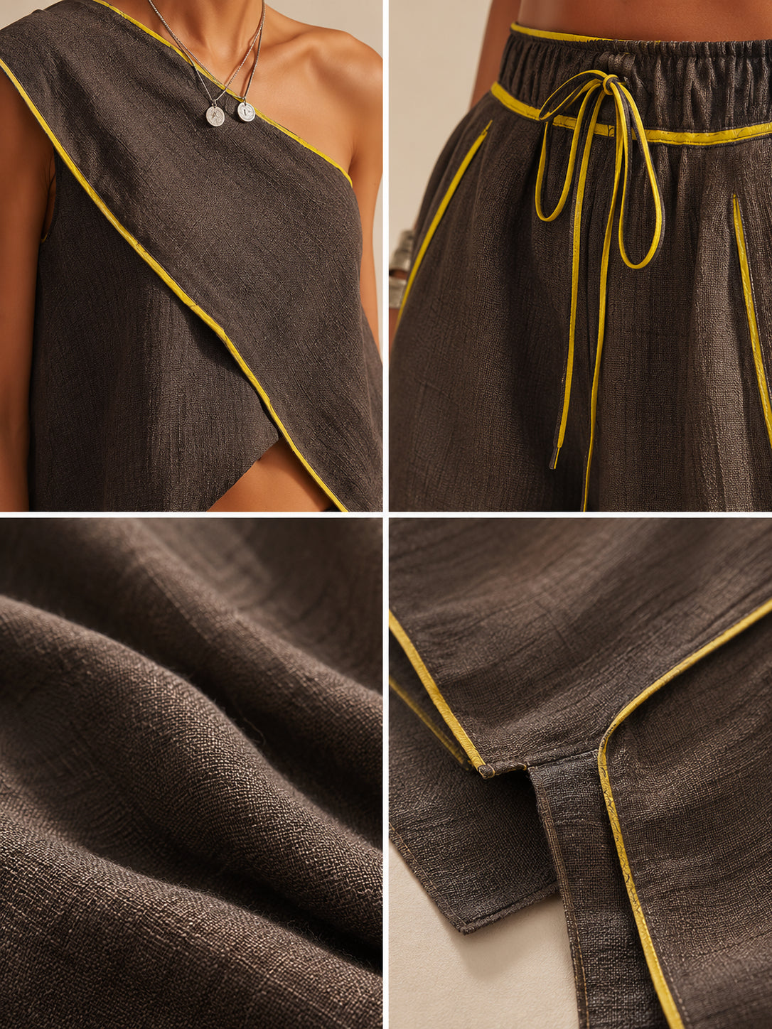 Completo casual in due pezzi composto da un top senza maniche in lino e cotone e pantaloni con piping a blocchi di colore.