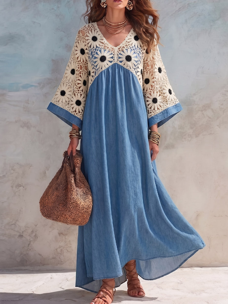 Vintage elegantes Jeanskleid mit Cut-Outs, Häkel- und Patchwork-Details