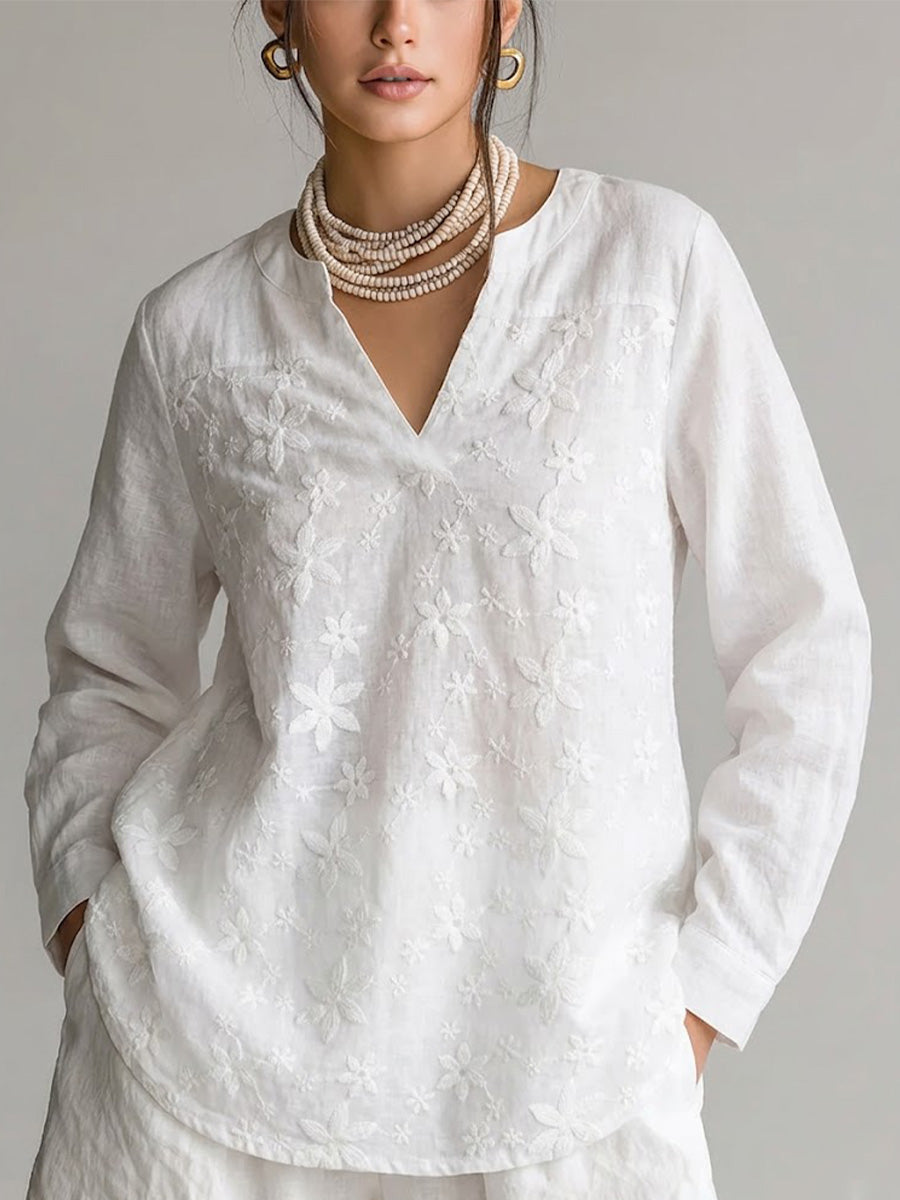 Camisa de algodón de manga larga y corte holgado con bordado de encaje