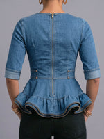Blusa casual de mezclilla para mujer, de corte holgado, con cuello redondo y mangas 3/4