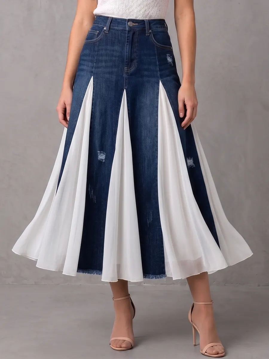 Gonna midi contemporanea con pannelli in denim e chiffon