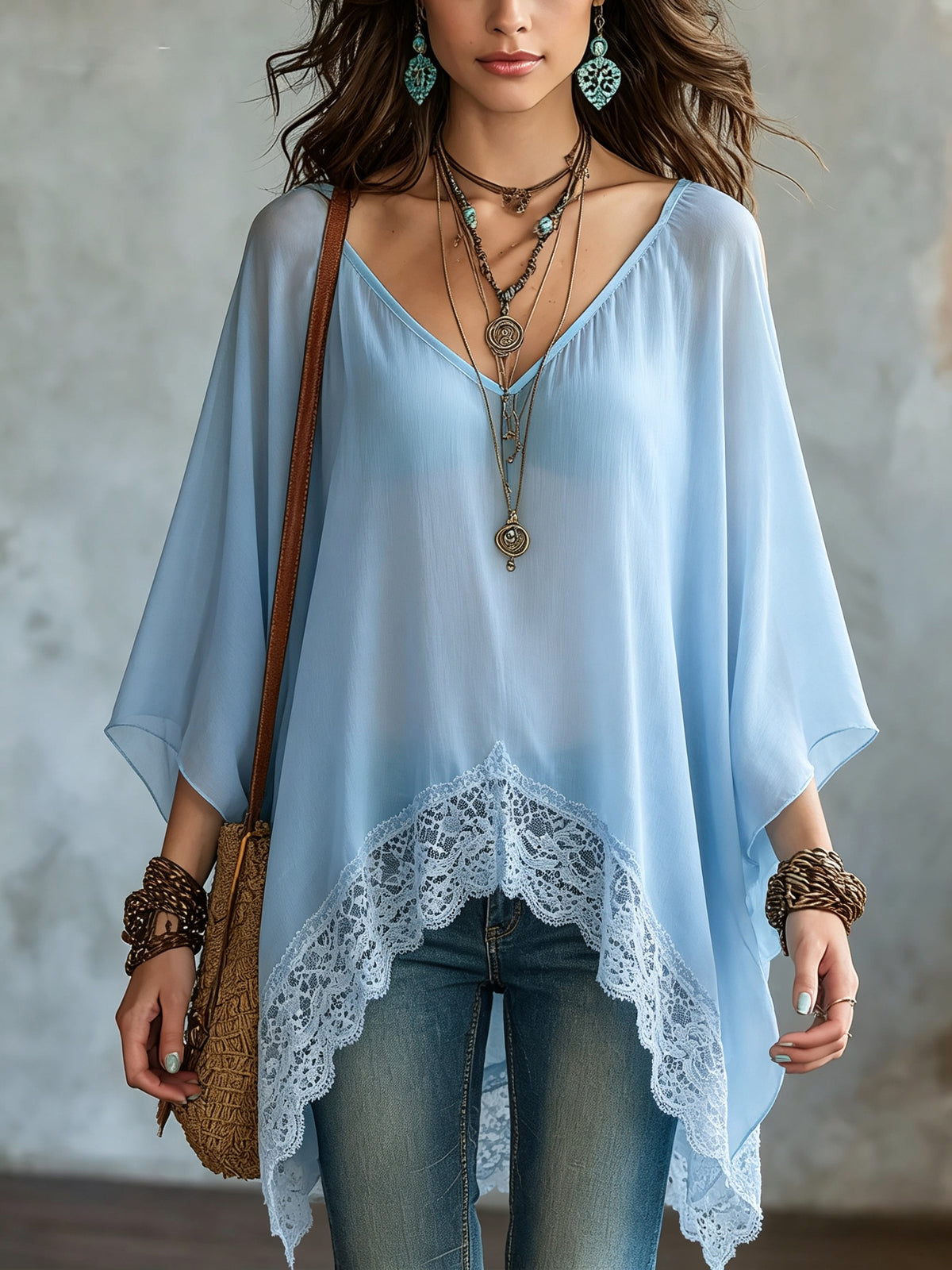 Blusa de gasa transparente para mujer con encaje y bajo asimétrico