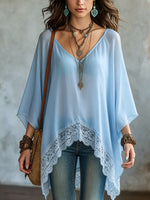 Blusa de gasa transparente para mujer con encaje y bajo asimétrico
