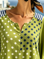 Damen Bluse mit Rundhalsausschnitt, 3/4-Ärmeln, zweifarbigem Polka-Dot-Muster und kontrastierenden Streifen im Patchwork-Stil