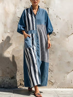 Waschbare Denim-Multistreifen-Splice Stehkragen Laternenärmel Vollknopf Lockerer Maxi-Hemdkleid