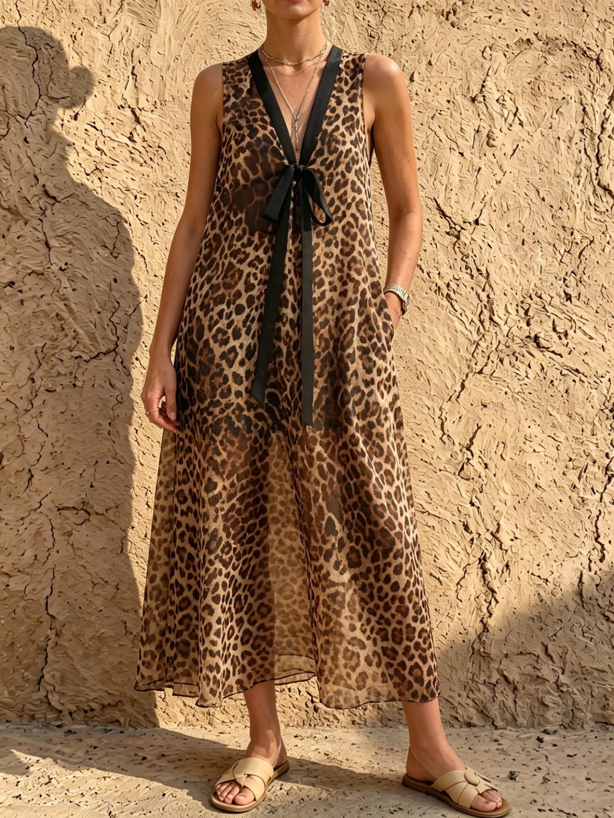 Robe transparente à nouer devant imprimé léopard pour femme