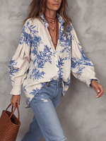 Camisa de algodón y lino con estampado floral vintage bohemio