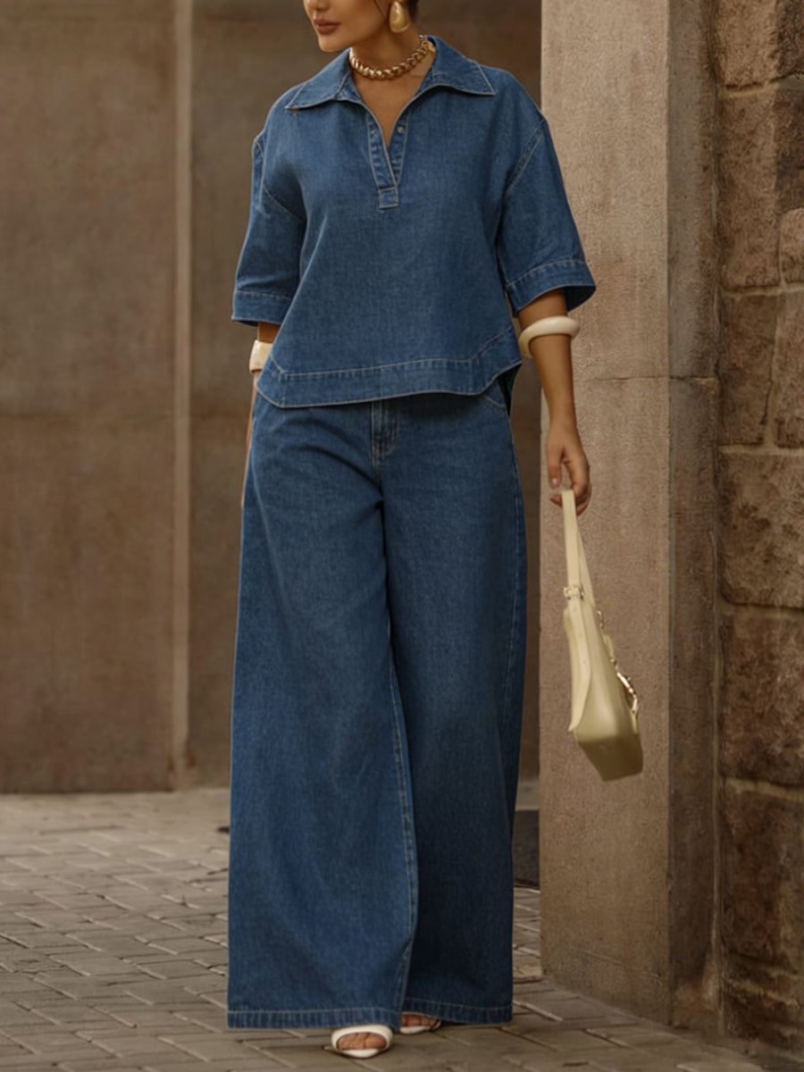 Completo donna casual in denim 100% cotone con top e pantaloni a gamba larga.