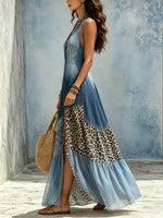 Damen Maxikleid mit Farbverlauf, Denim, Leopardenmuster, Patchwork, Neckholder und Schlitz
