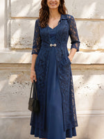 Ensemble formel deux pièces pour femmes : manteau long en dentelle et robe midi en satin à bretelles