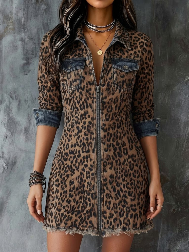 Vestito corto in denim con zip frontale, patchwork e stampa leopardata casual