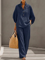 Completo casual due pezzi con camicia in lino e cotone a maniche a pipistrello e pantaloni