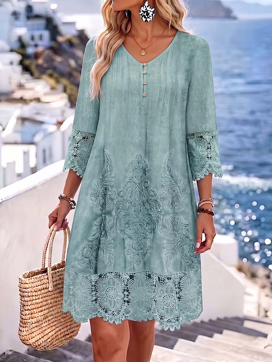 Dames casual losvallende jurk met V-hals, 3/4 mouwen, print en kanten inzetstukken