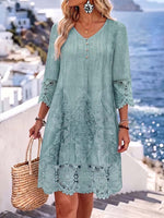 Dames casual losvallende jurk met V-hals, 3/4 mouwen, print en kanten inzetstukken
