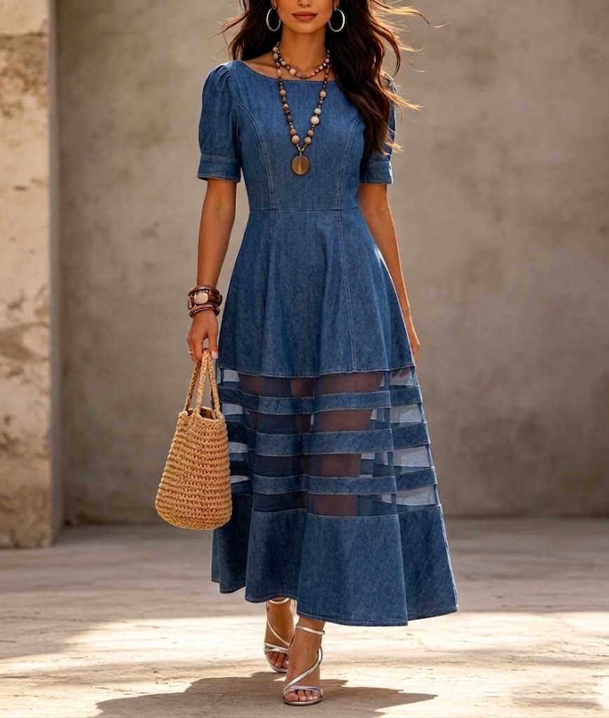Vestido vaquero estilo línea A, elegante y con estilo