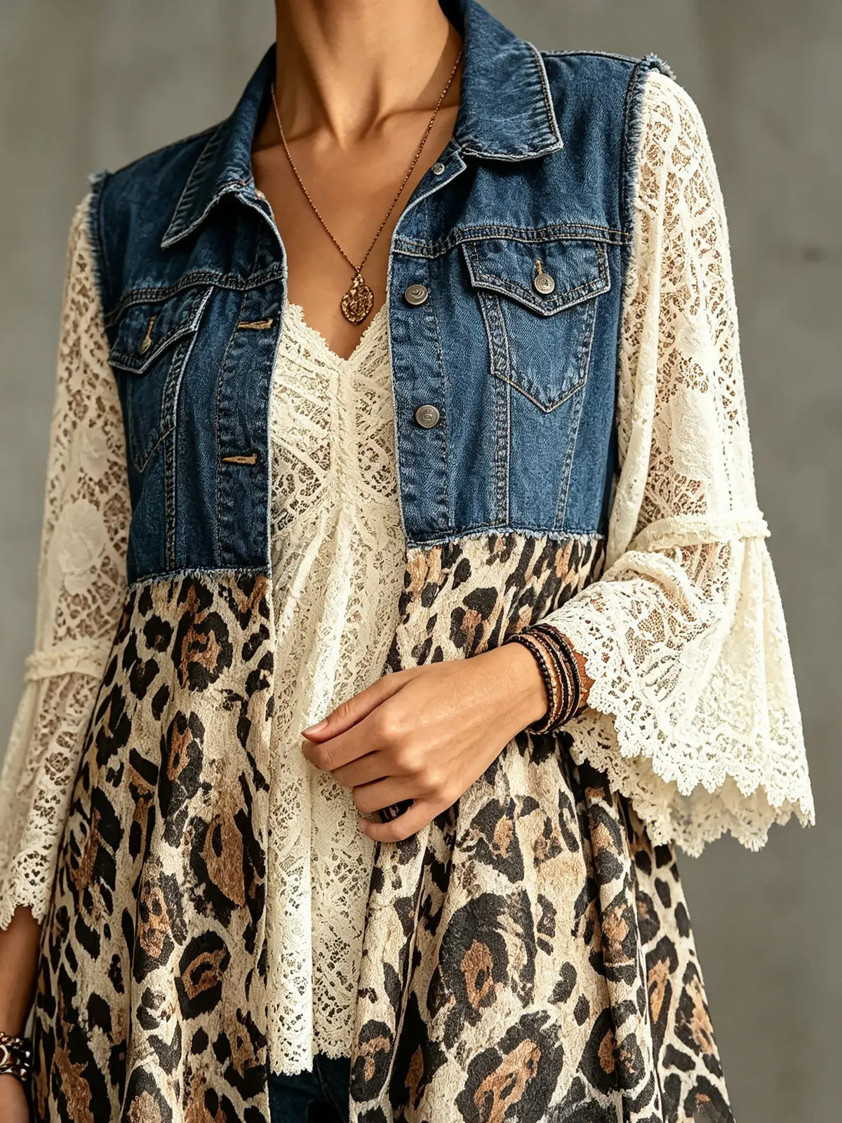 Chaleco largo de mezclilla para mujer con encaje y estampado de leopardo combinado