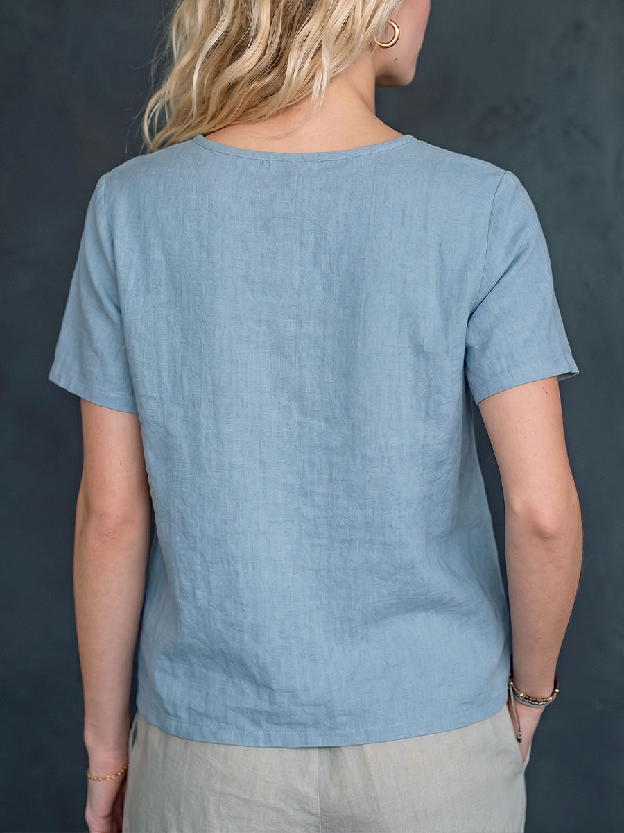 Dames casual losse katoenen linnen top met borduursel, ronde hals en korte mouwen