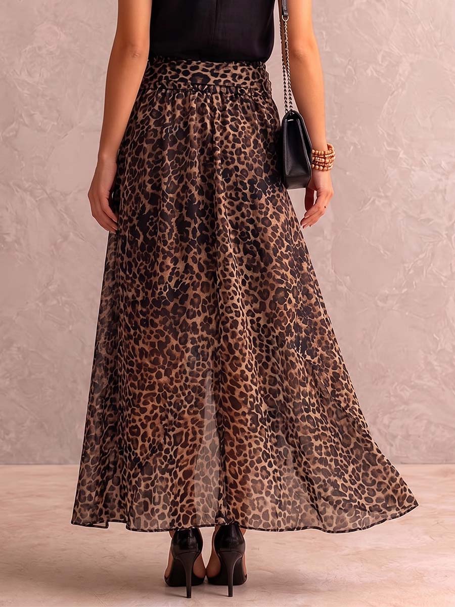 Damen Chiffonrock mit hoher Taille, Leopardenmuster und asymmetrischem High-Low-Saum.