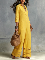 Tuta in cotone-lino giallo boho-chic con orli ritagliati