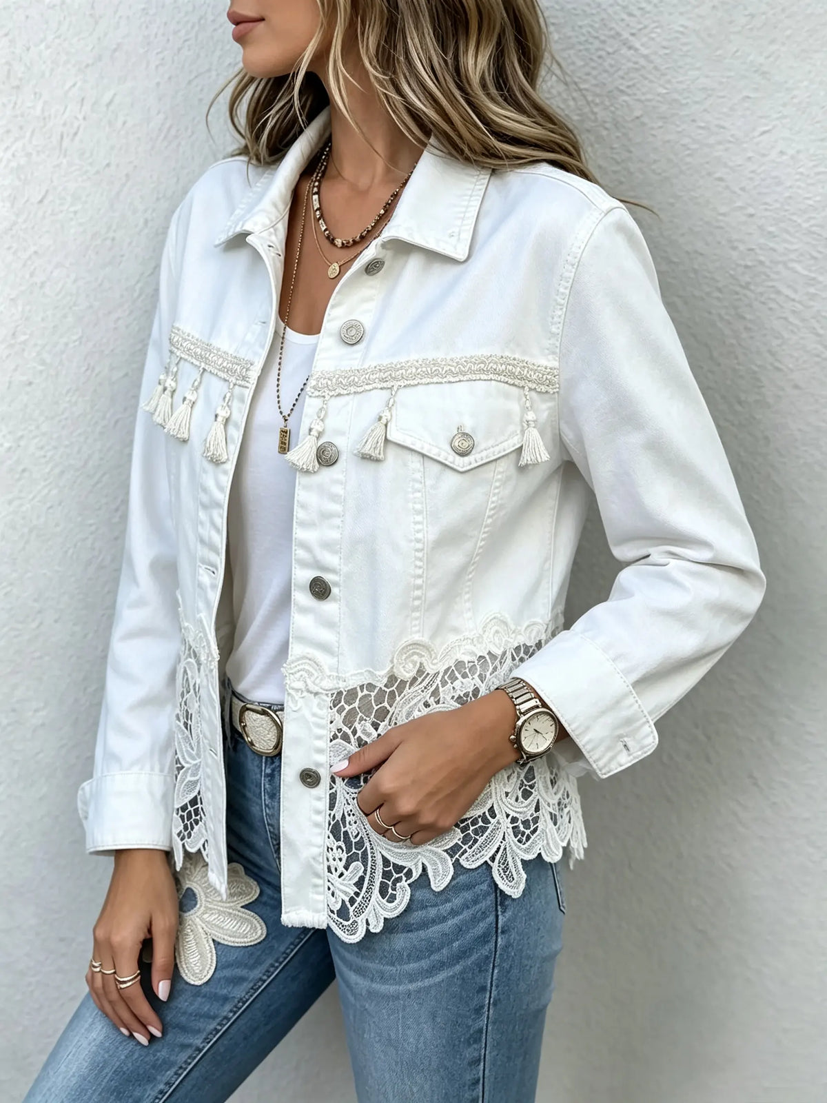 Damen Jeansjacke mit Spitzenfransen
