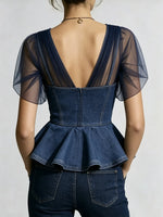 Dames effen tule gesplitste denim top met ruches en tailleaccent, cropped model