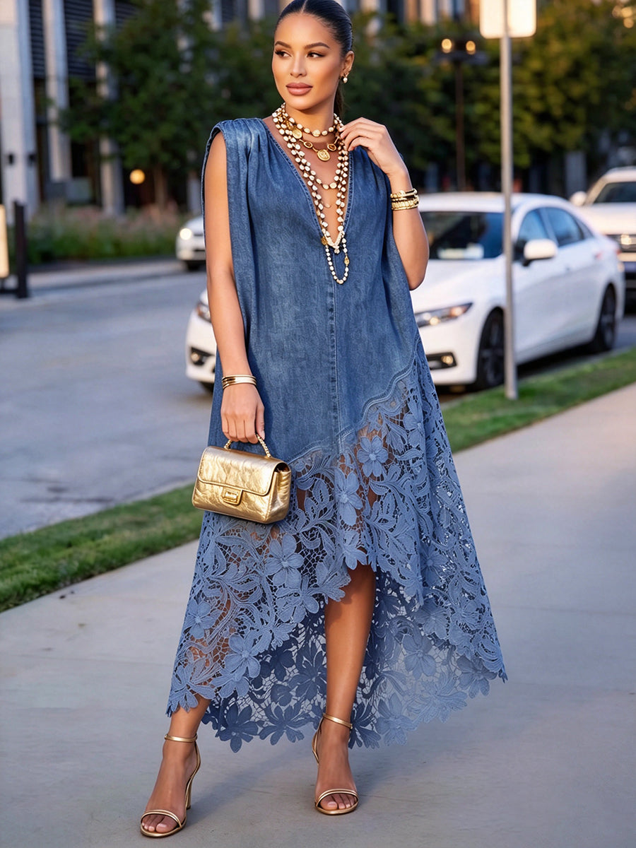 Vestido vaquero elegante con escote en V y dobladillo de encaje floral