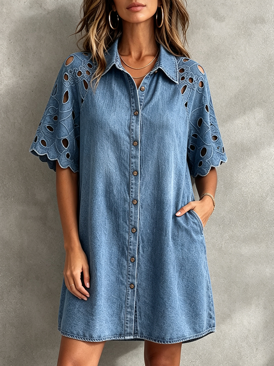 Boho Vintage Blumen-Spitzen-Panel A-Linien Jeanskleid