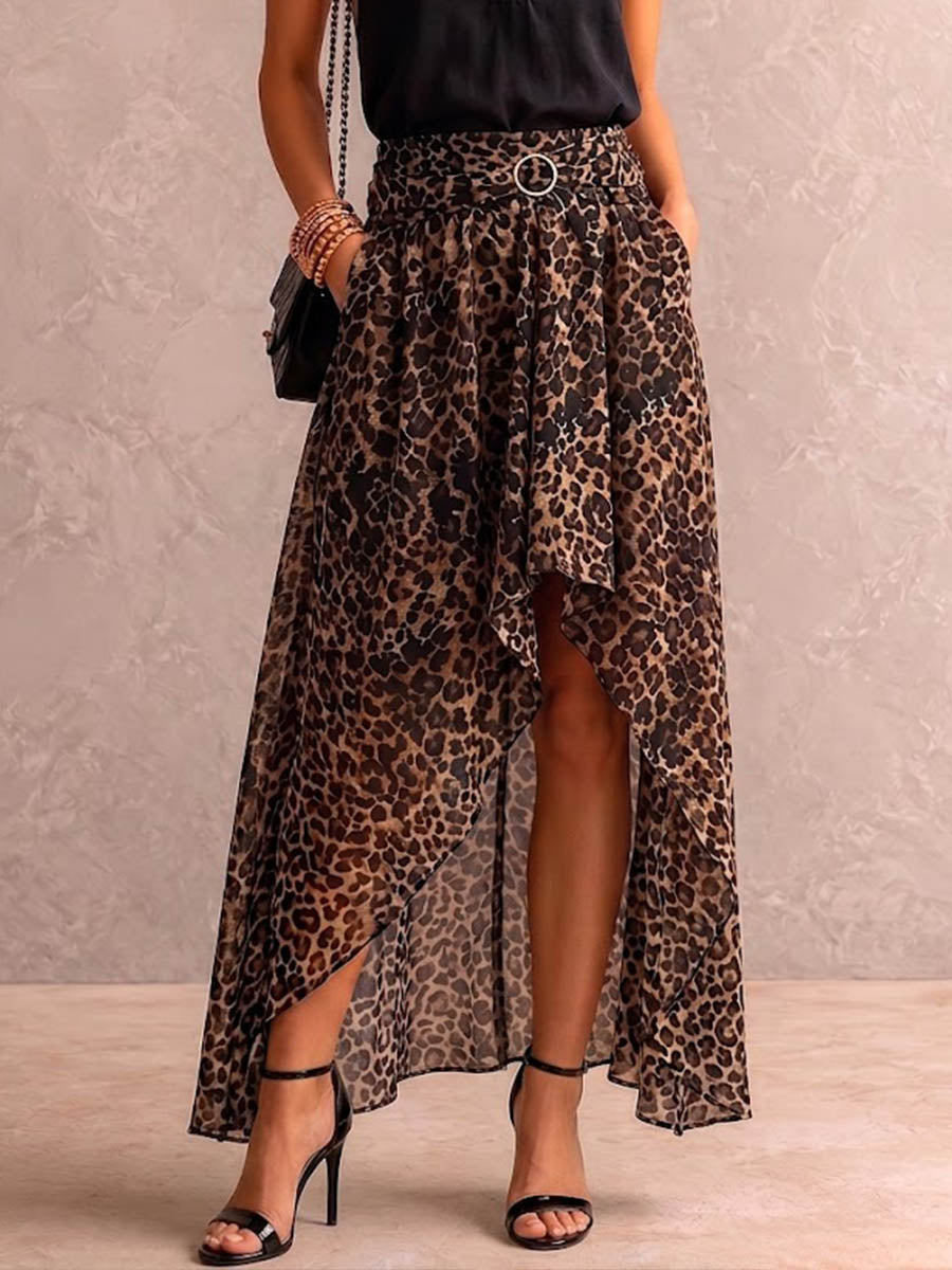 Damen Chiffonrock mit hoher Taille, Leopardenmuster und asymmetrischem High-Low-Saum.