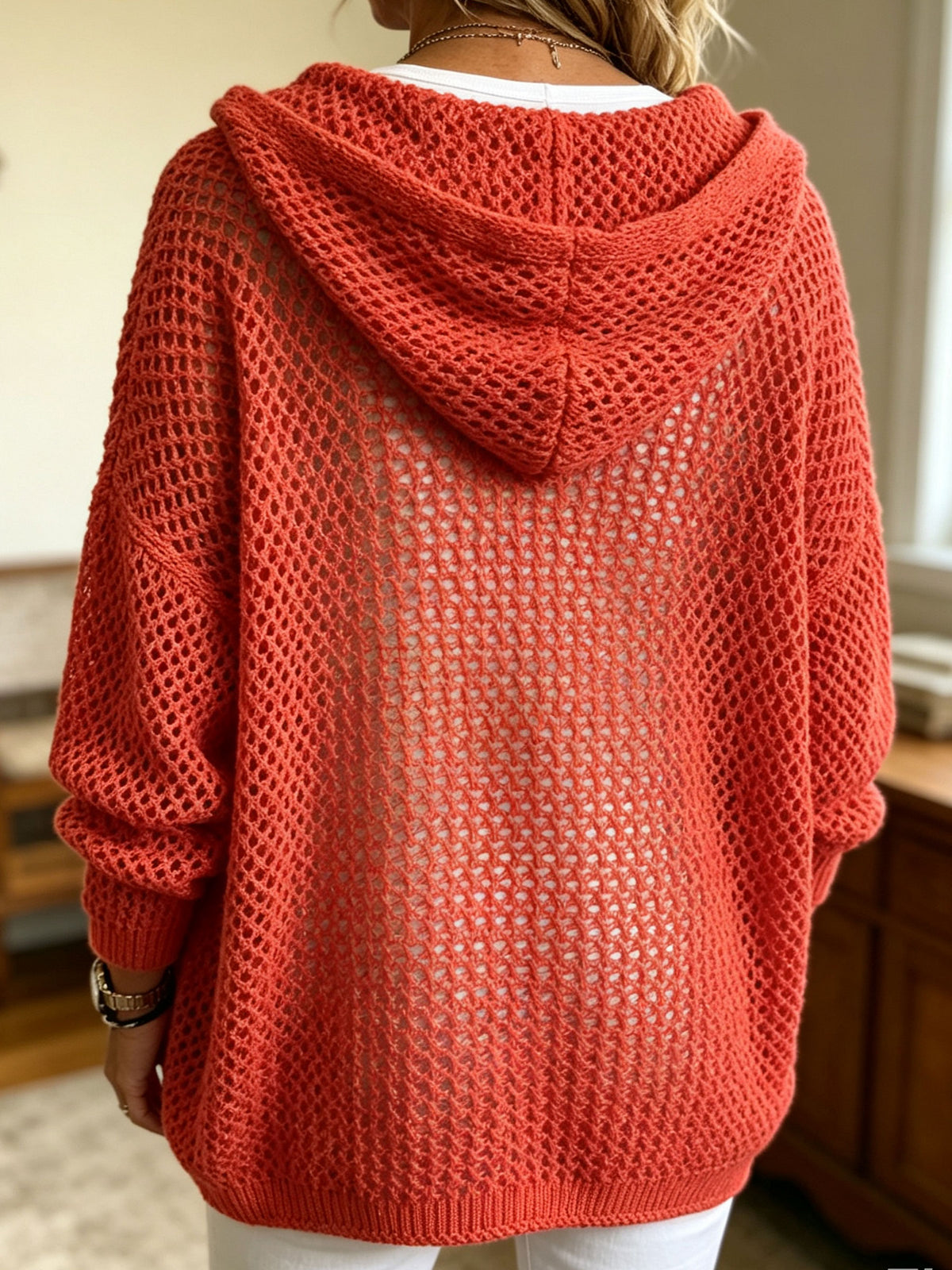 Damen Oversize Pullover mit offenem Netzstrick, Kordelzug und Kapuze