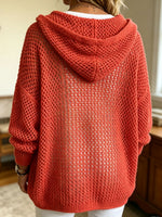 Damen Oversize Pullover mit offenem Netzstrick, Kordelzug und Kapuze