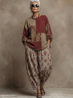 Completo due pezzi in lino e cotone con stampa paisley bohémien, composto da top e pantaloni