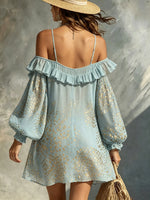 Damen Mini-Strandkleid mit Goldfolie, Leopardenmuster, Rüschen, schulterfrei und Puffärmeln