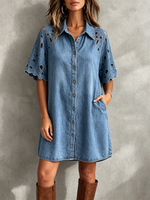 Boho Vintage Blumen-Spitzen-Panel A-Linien Jeanskleid