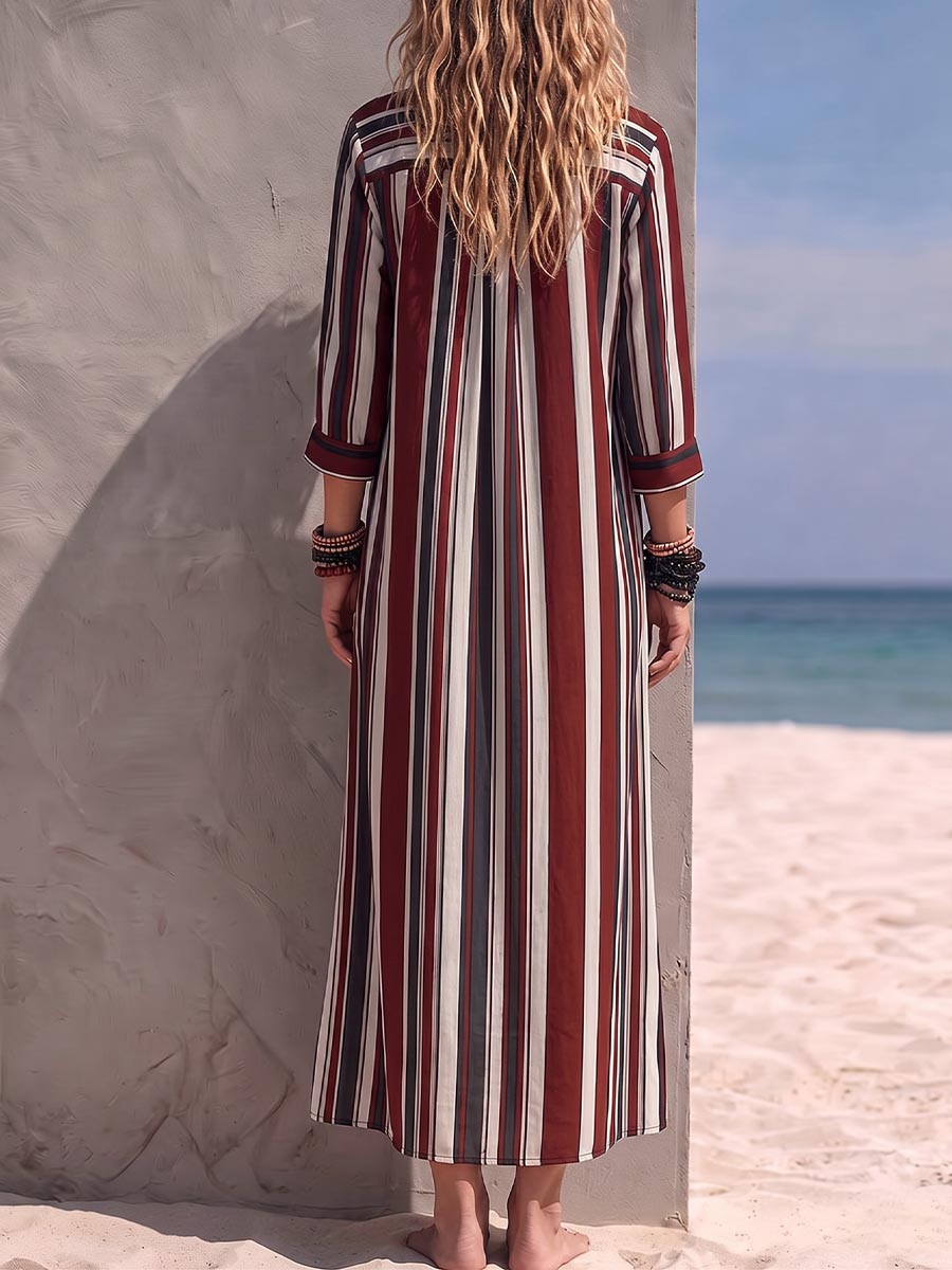 Robe chemise décontractée pour femme à manches longues, col avec imprimé rayé, en coton-lin ample
