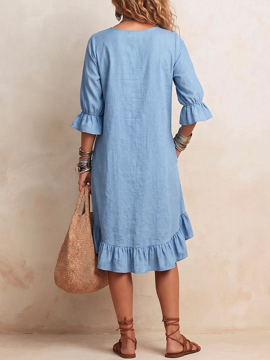 Vestido casual suelto de algodón y lino para mujer, de color sólido, con escote en V y manga 3/4