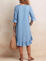 Vestido casual suelto de algodón y lino para mujer, de color sólido, con escote en V y manga 3/4