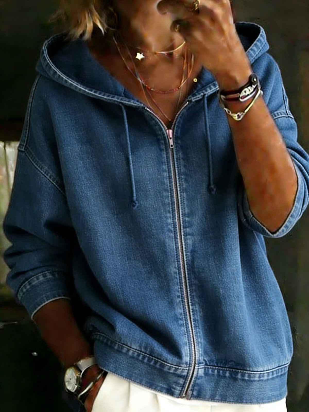 Felpa con cappuccio da donna casual in denim con zip e maniche lunghe