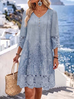 Dames casual losvallende jurk met V-hals, 3/4 mouwen, print en kanten inzetstukken