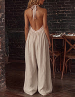 Women's Casual, Elegant, Comfortable Lace-trimmed Loose Linen Jumpsuit