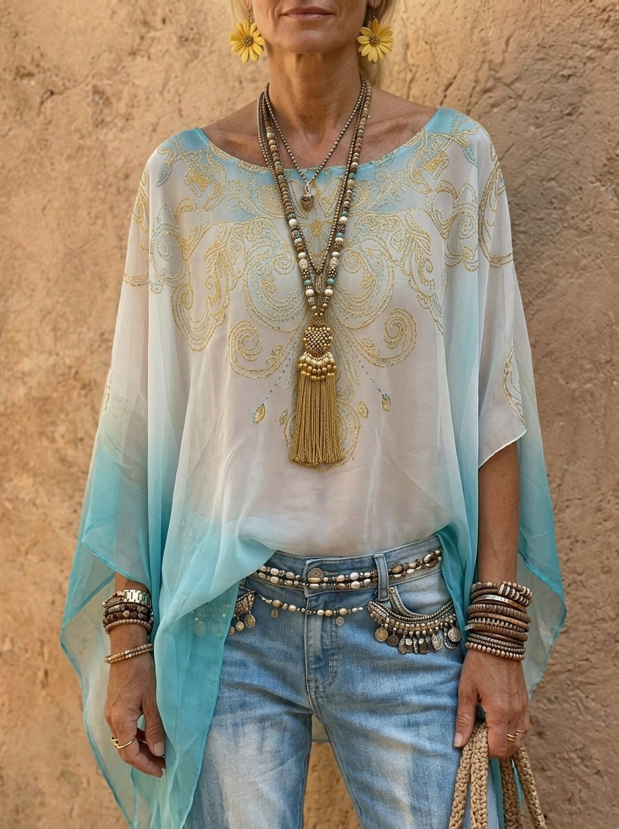 Blusa transparente bohemia con mangas de murciélago y efecto degradado para mujer