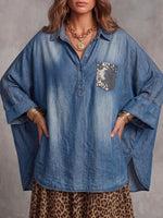 Camicia Irregolare Vintage Elegante con Tasche in Denim Patchwork