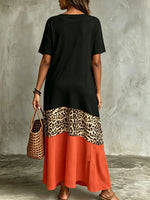 Vestido maxi para mujer con escote en V, bloque de color, estampado de leopardo y parches, con bolsillos