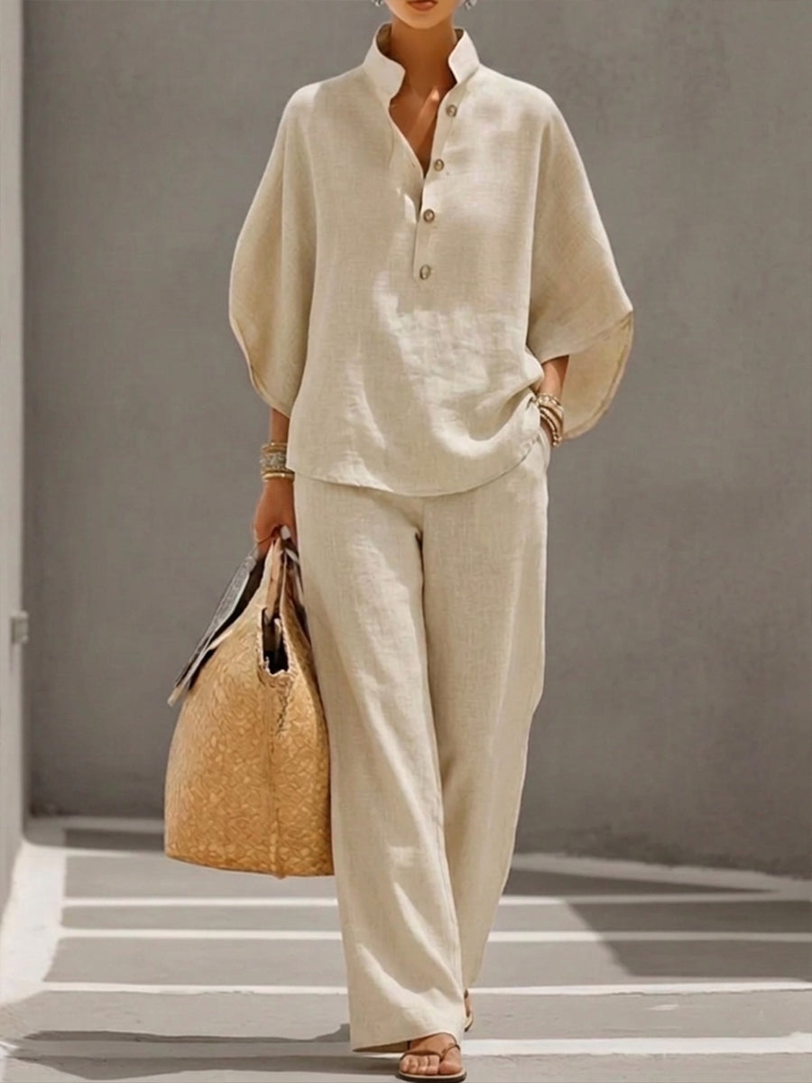 Completo casual due pezzi con camicia in lino e cotone a maniche a pipistrello e pantaloni