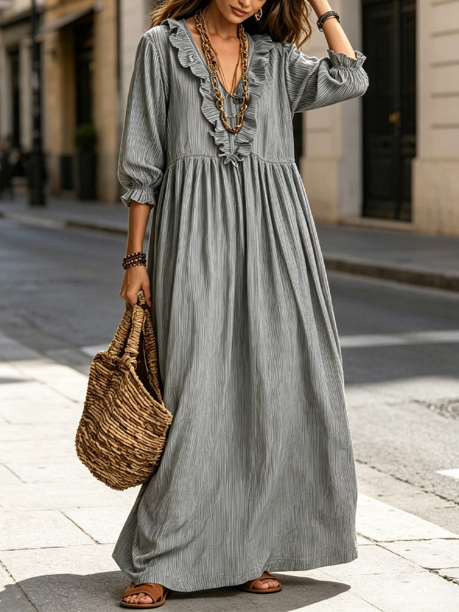 Vestido Maxi Casual Estiloso com Folhos, Estampa Artística às Riscas para Mulher, Ideal para Férias