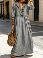 Vestido Maxi Casual Estiloso com Folhos, Estampa Artística às Riscas para Mulher, Ideal para Férias