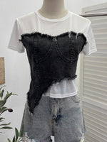 Stylisches lässiges Denim-Oberteil mit elastischen Mesh-Einsätzen
